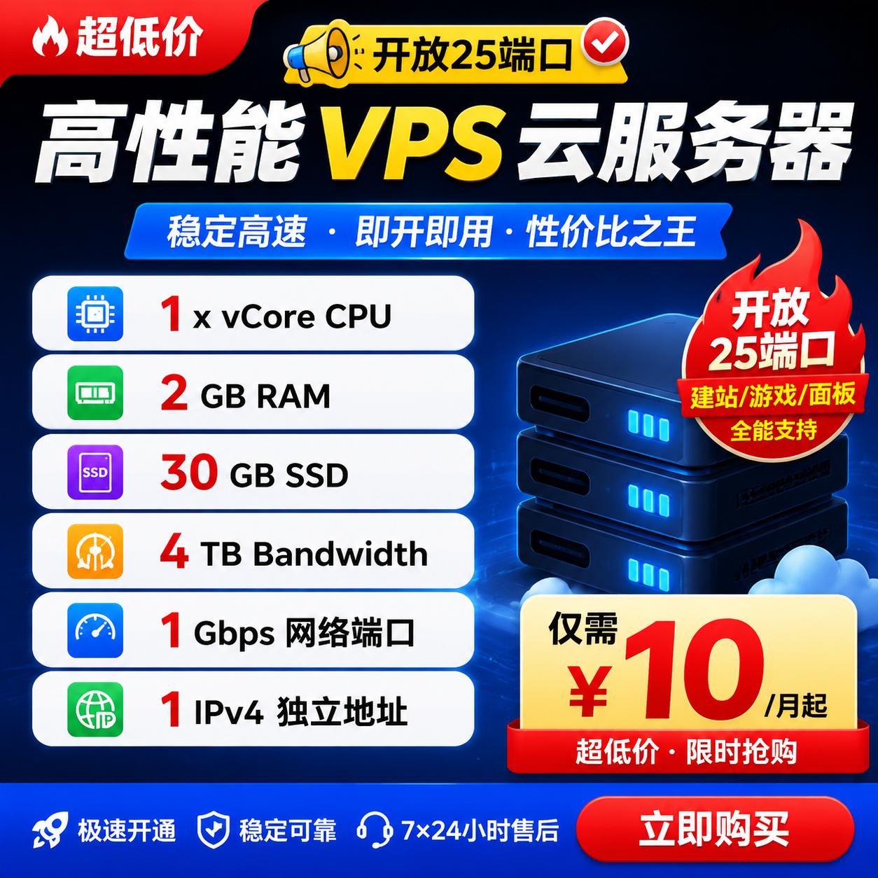美国VPS服务器年付120｜2G内存 1核 30G SSD 4TB月流量 25端口开放 LA/NY双机房 SSD云主机